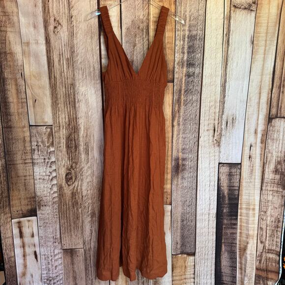Abercrombie & Fitch Dress Smocked Linen Blend Scrunchy Strap Midi XS Fall NWT - Picture 1 of 9